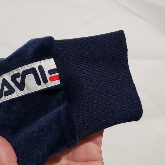 90's Style Fila Navy Blue Velour Velvet Zip-Up Hoodie Logo Down Arms Large - Picture 5 of 11